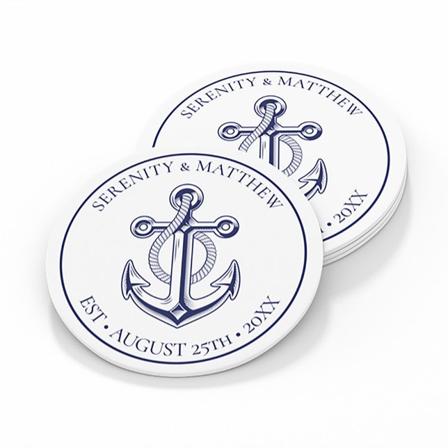 Elegant Anchor Sailor Navy Blue Nautical Wedding Round Paper Coaster (Creator Uploaded)