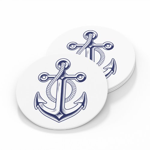 Elegant Anchor Sailor Navy Blue Nautical Wedding Round Paper Coaster