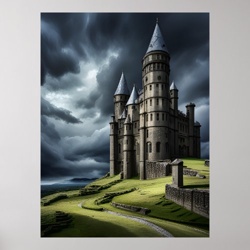 Elegant Ancient Cloudy Skies Mystery Castle AI  Poster