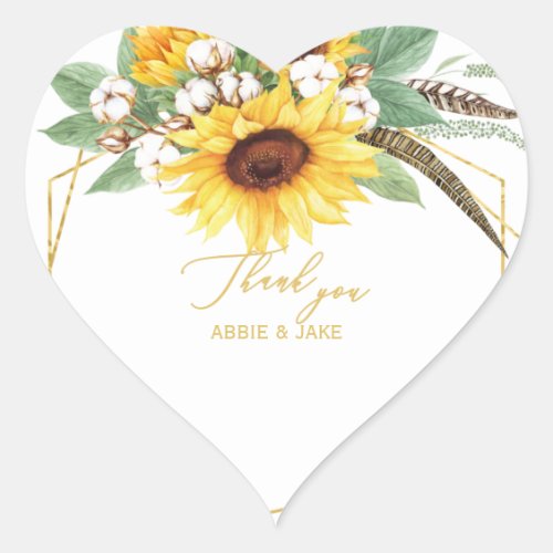 Elegant and Cheerful Sunflower Feather Wedding Heart Sticker