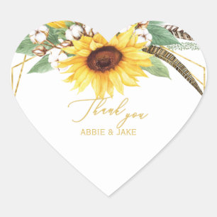 Elegant and Cheerful Sunflower Feather Wedding Heart Sticker