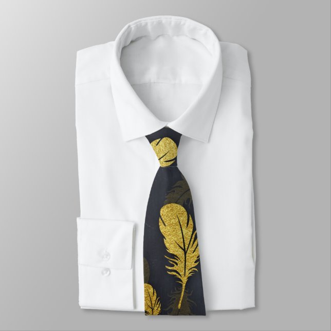 Elegant And Chic Black And Gold Feather Pattern Neck Tie (Tied)