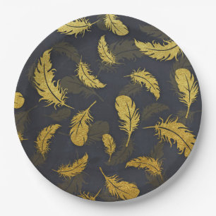 Elegant And Chic Black And Gold Feather Pattern Paper Plates