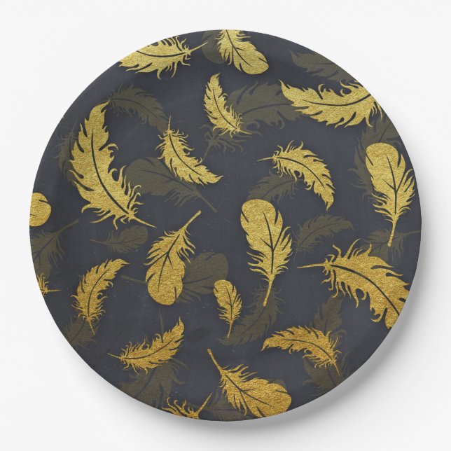 Elegant And Chic Black And Gold Feather Pattern Paper Plates (Front)