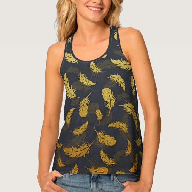 Elegant And Chic Black And Gold Feather Pattern Tank Top (Front)