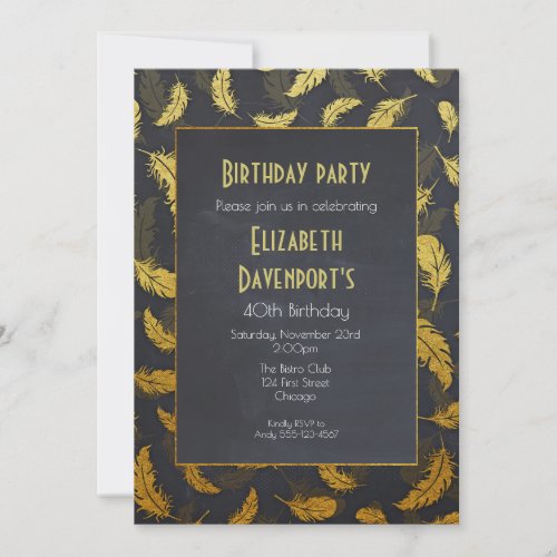 Elegant And Chic Black And Gold Feathers Birthday Invitation