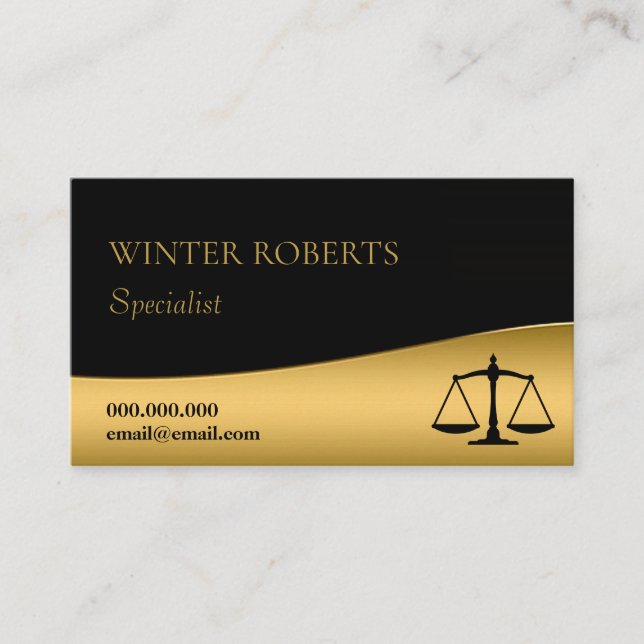 Elegant and chic black and gold legal business card (Front)