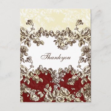 Elegant and Chic Ivory Red Vintage Floral Wedding Postcard