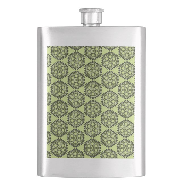 Elegant and classic lime green circular graphic hip flask (Front)