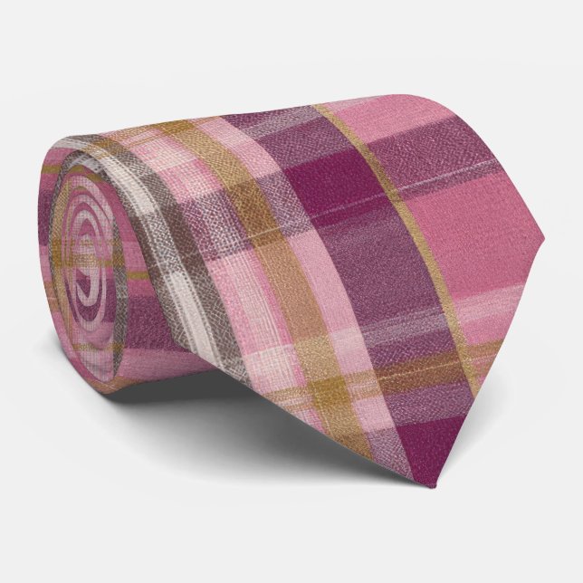 Elegant and classic Pink Plaid Gingham Pattern Neck Tie (Rolled)