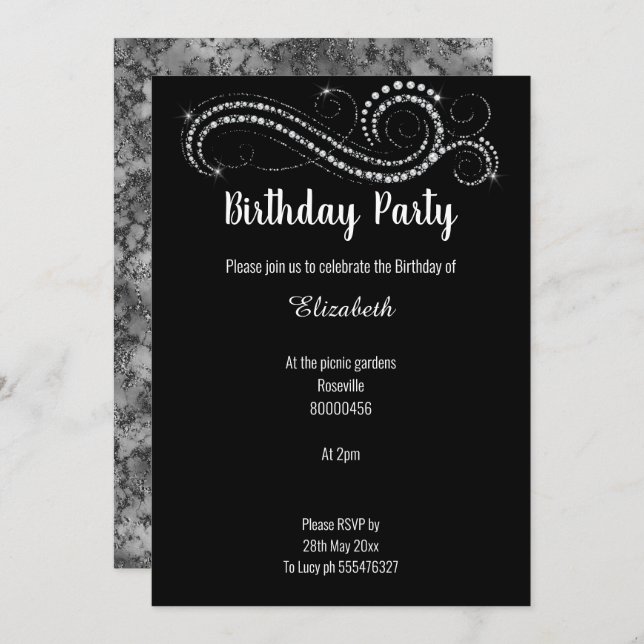ELEGANT AND CLASSY BLACK MARBLE DIAMOND BIRTHDAY INVITATION (Front/Back)