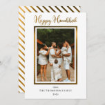 Elegant and Classy Faux Foil Photo Happy Hanukkah Holiday Card<br><div class="desc">Elegant and classy styled white and faux gold foil photo "Happy Hanukkah" design featuring a faux gold frame on front for your photo and the greeting, "Happy Hanukkah" also in faux gold foil with faux gold foil and white diagonal stripes on back. Composite design by Holiday Hearts Designs (rights reserved)...</div>