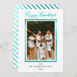 Elegant and Classy Faux Foil Photo Happy Hanukkah Holiday Card<br><div class="desc">Elegant and classy styled white and faux aqua foil photo "Happy Hanukkah" design featuring a faux aqua frame on front for your photo and the greeting, "Happy Hanukkah" also in faux aqua foil with faux aqua foil and white diagonal stripes on back. Composite design by Holiday Hearts Designs (rights reserved)...</div>