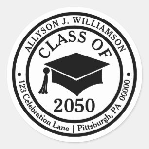 Elegant and Classy Grad Cap Year Return Address Classic Round Sticker