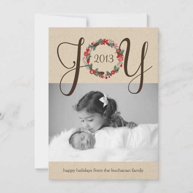 Elegant and Classy Joy Wreath Photo Card Design (Front)