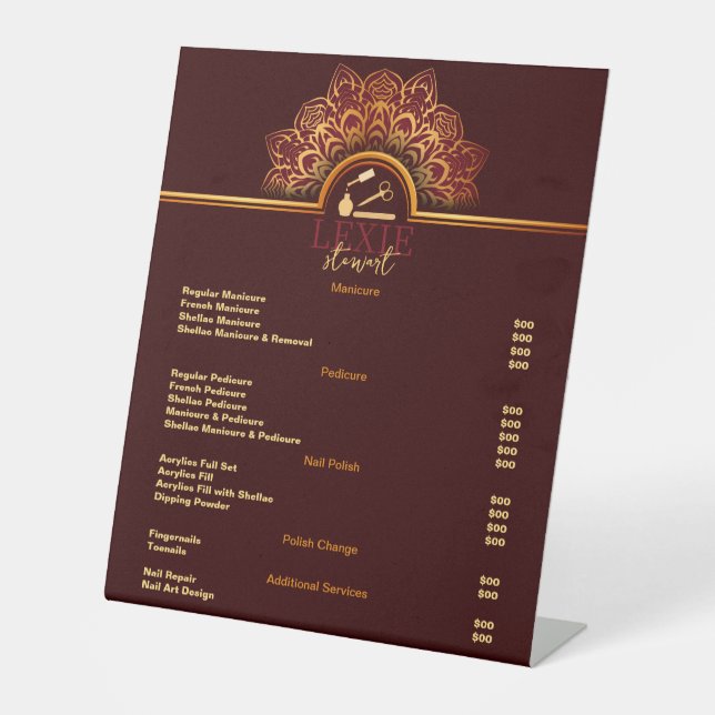 Elegant and Classy Nail Tech Price List Pedestal Sign (Front)