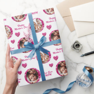 Elegant and Cute 2-Photo, Wish Pink Floral Hearts Wrapping Paper