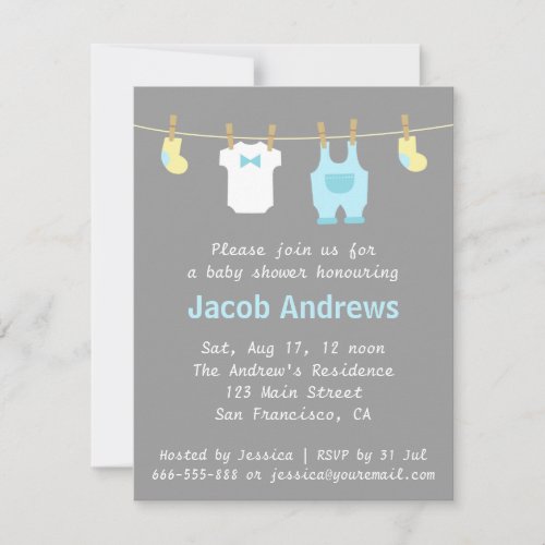 Elegant and Cute Baby Boy Shower, Blue and Grey Custom Invitation