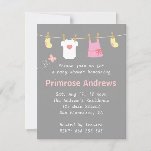 Elegant and Cute Girl Baby Shower, Grey Chevron Announcements