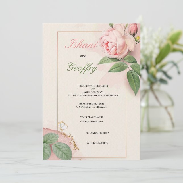 ELEGANT AND CUTE PINK WEDDING  FLOWERS INVITATION (Standing Front)