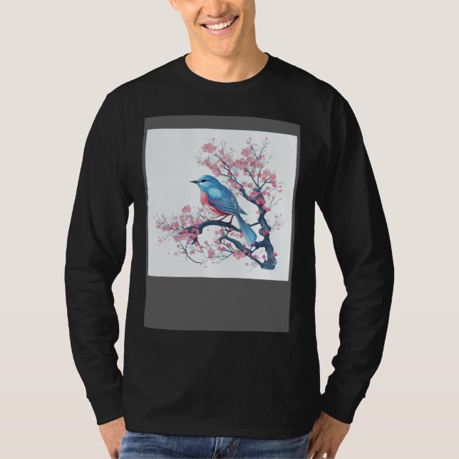 Elegant and Eye Catching Eastern Blue Bird on Blos T-Shirt (Front)