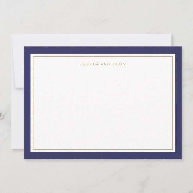 Elegant And Feminine Navy Gold Border Personalized Note Card (Front)