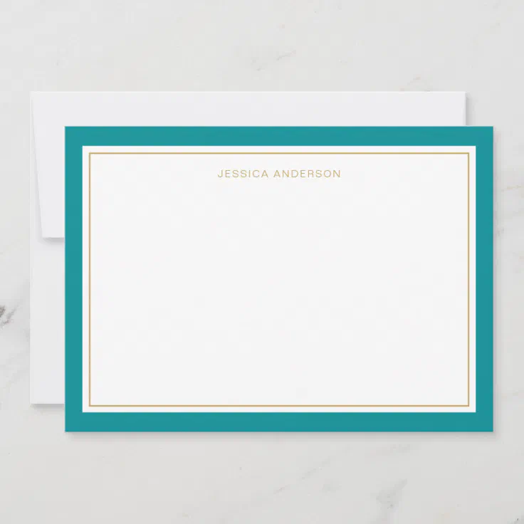 Elegant And Feminine Teal Gold Border Personalized Note Card | Zazzle