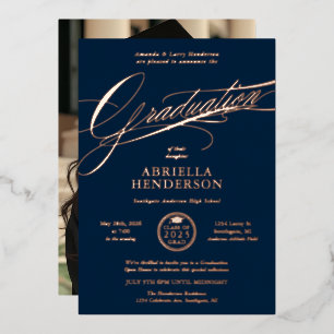 Elegant and Formal Navy Script Graduation Foil Invitation