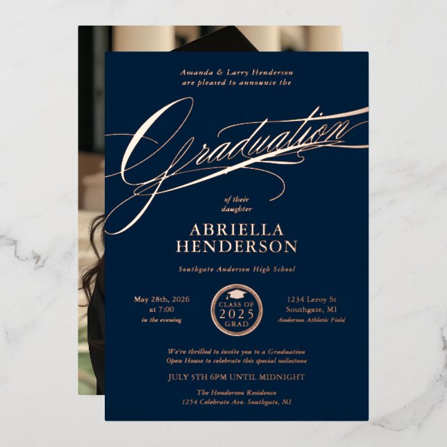Elegant and Formal Navy Script Graduation Foil Invitation (Front/Back)
