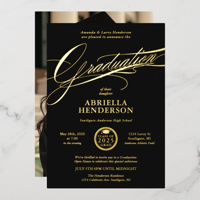Elegant and Formal Script Graduation Foil Invitation (Front/Back)