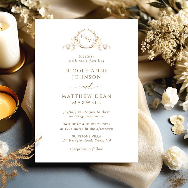 Elegant and Formal White and Gold Monogram Wedding Invitation (Creator Uploaded)