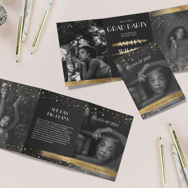 Elegant and Fun Gold Graduation Trifold Invitation (Creator Uploaded)