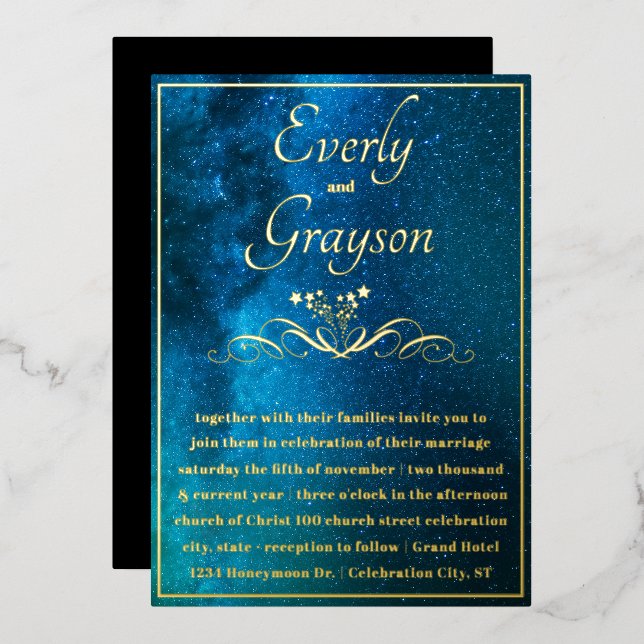 Elegant and Gold Wedding Fairy Lights Foil Invitation (Front/Back)