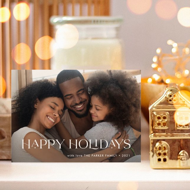 Elegant and Happy Holidays | One Photo Navy Blue Holiday Card (Elegant and happy holidays photo card)