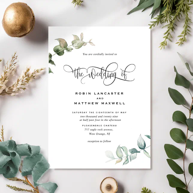 Elegant and Minimal, Greenery Budget Wedding Invitation Zazzle