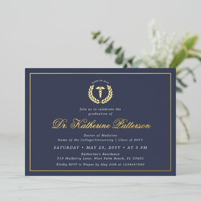Elegant and Minimalist Medical School Graduation Foil Invitation (Standing Front)