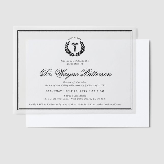 Elegant and Minimalist Medical School Graduation Vellum Invitations (Offset)