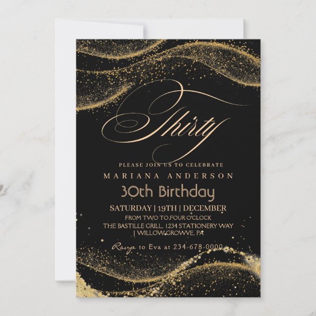Elegant and modern Black gold 30th Birthday Invita Invitation (Front)