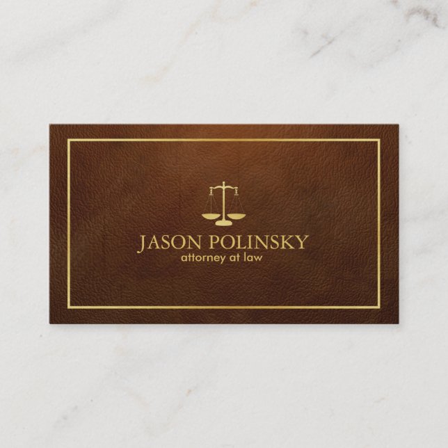 Elegant and Modern Brown Leather Attorney Business Card (Front)