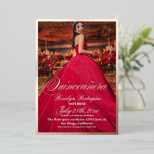 Elegant and modern Gold Photo Quinceanera  Foil Invitation (Standing Front)