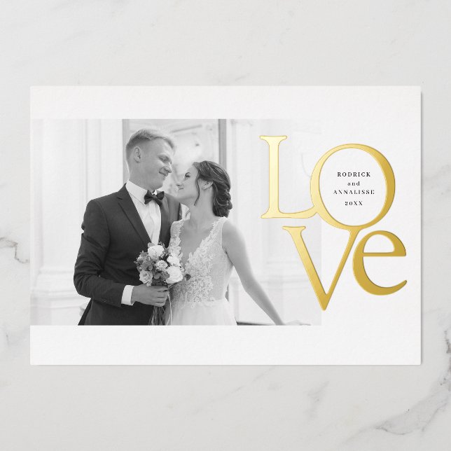 Elegant and Modern Love and Thanks Wedding Photo Foil Invitation (Front)
