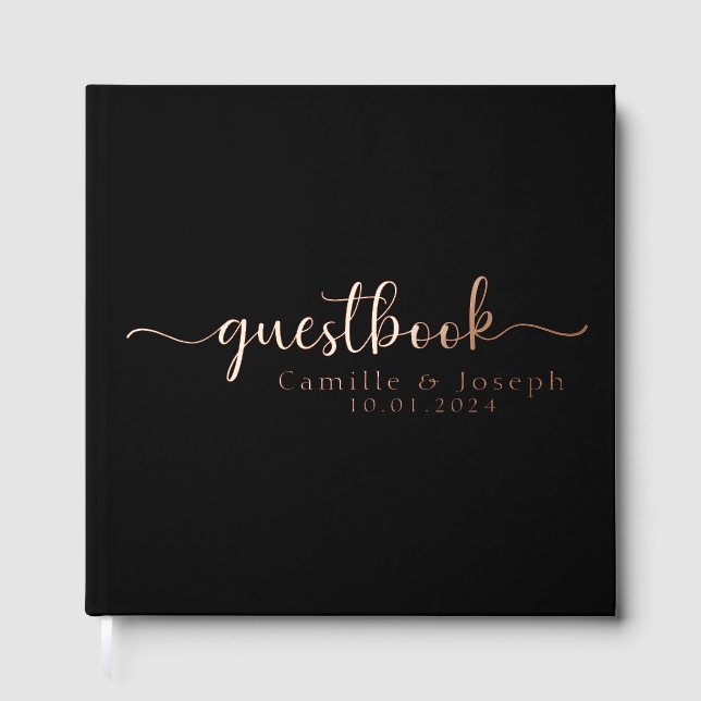 Elegant and Modern Personalized Black Foil Guest Book (Front)