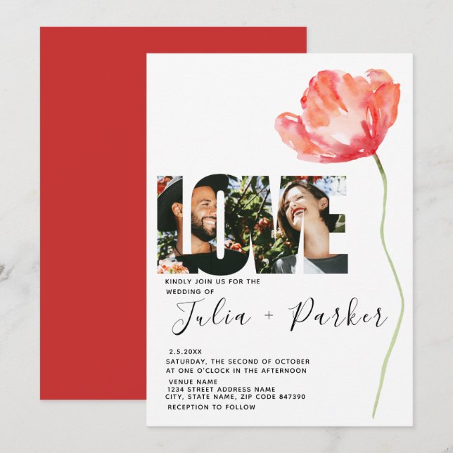 Elegant and Modern Poppy Red Wedding Love Invitation (Front/Back)
