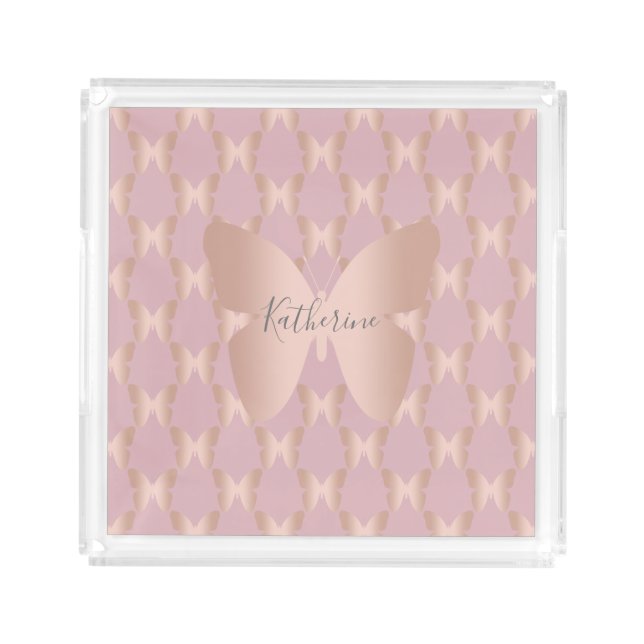 Elegant and modern rose gold butterfly design acrylic tray (Front)