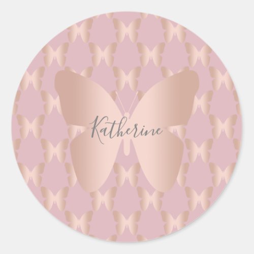 Elegant and modern rose gold butterfly design classic round sticker
