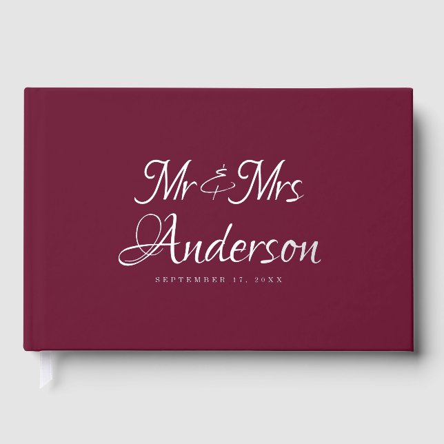 Elegant and Modern Script Burgundy Wedding Foil Guest Book (Front)