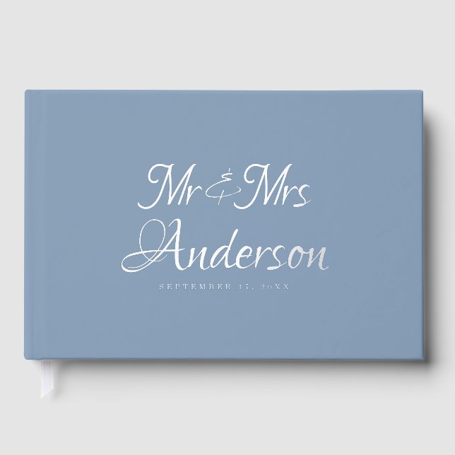 Elegant and Modern Script Dusty Blue Wedding Foil Guest Book (Front)