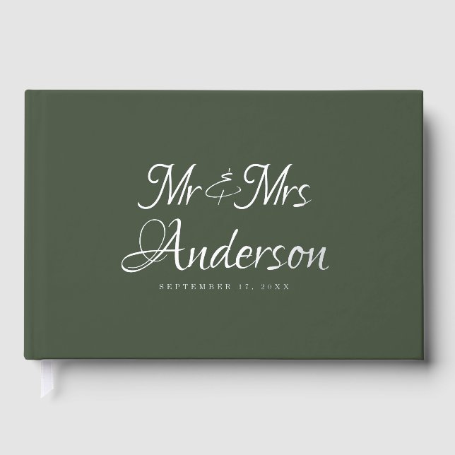 Elegant and Modern Script Green Wedding Foil Guest Book (Front)