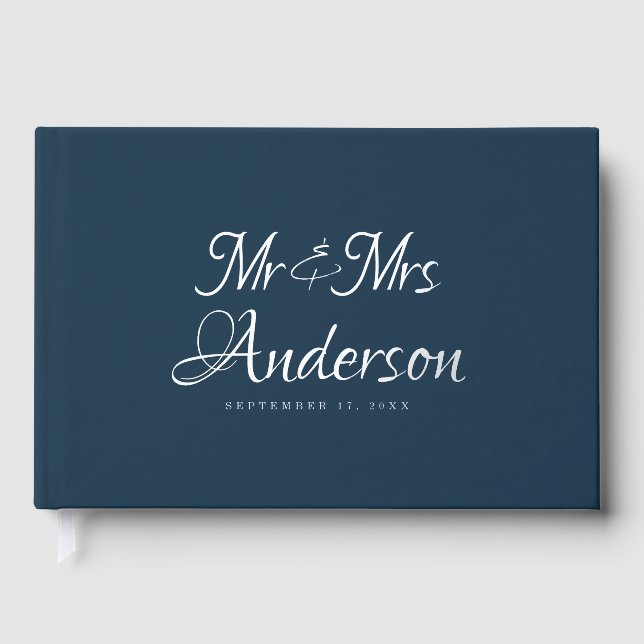 Elegant and Modern Script Navy Blue Wedding Foil Guest Book (Front)