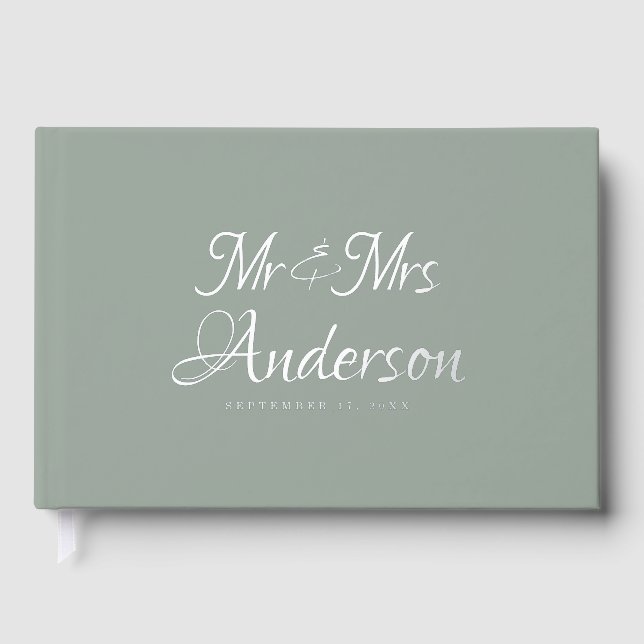 Elegant and Modern Script Sage Green Wedding Foil Guest Book (Front)